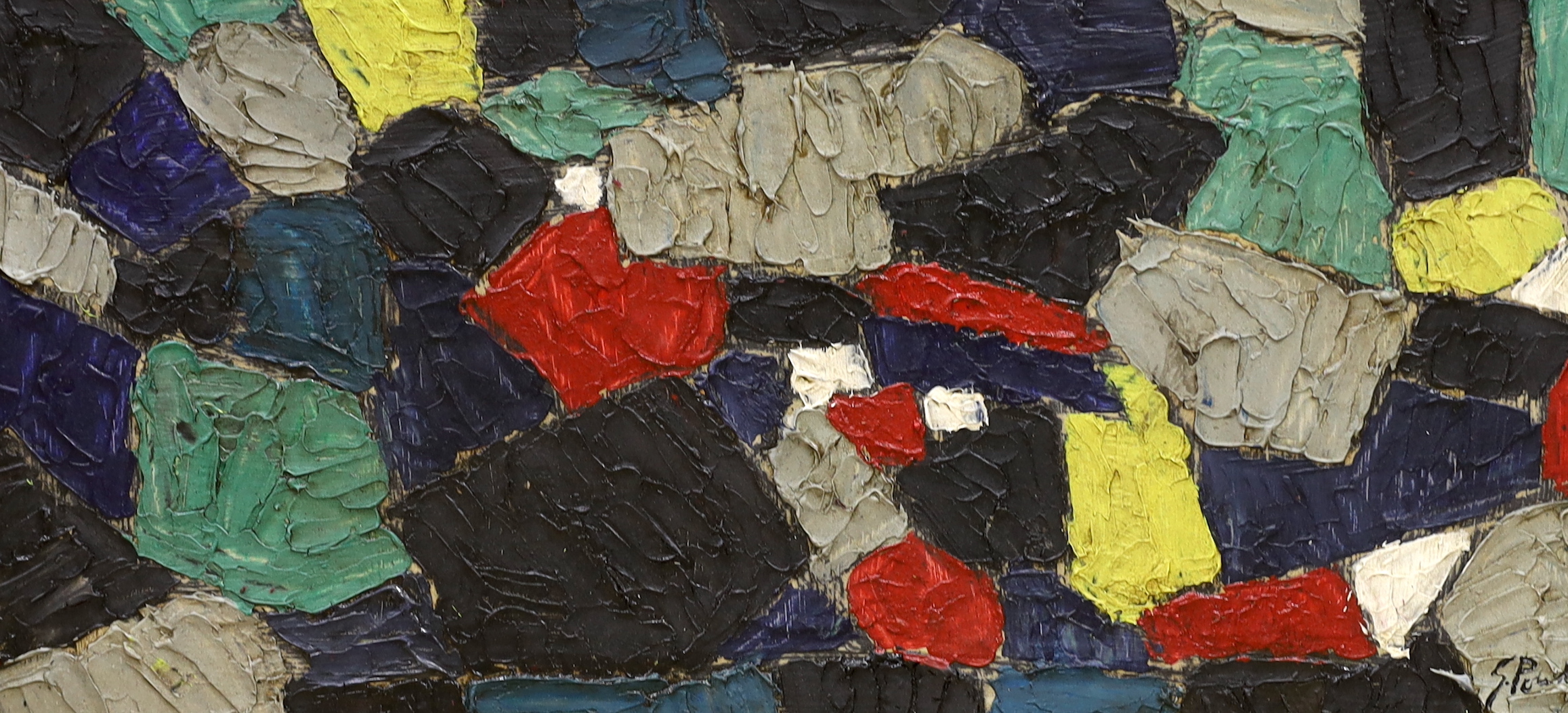 After Serge Poliakoff (1900-1969), impasto oil on board, Geometric shapes, 33 x 70cm
